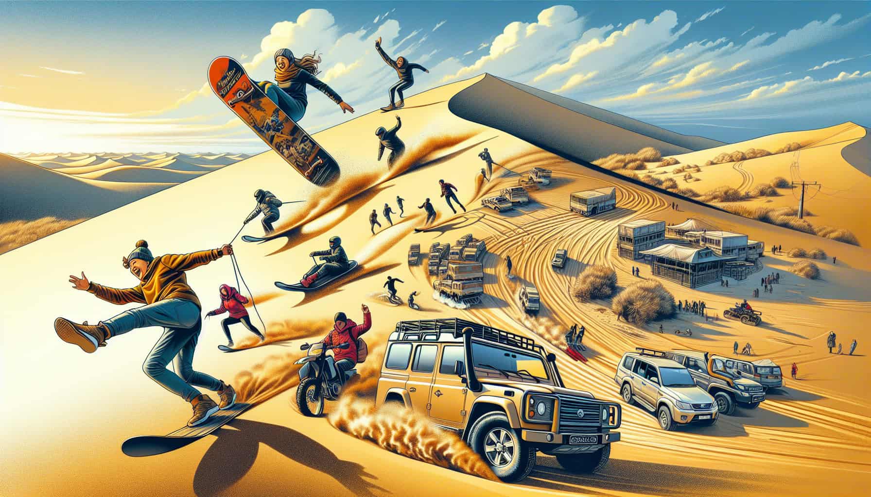 Illustration des activités dans les dunes de sable de Khongor, y compris la randonnée et la luge.